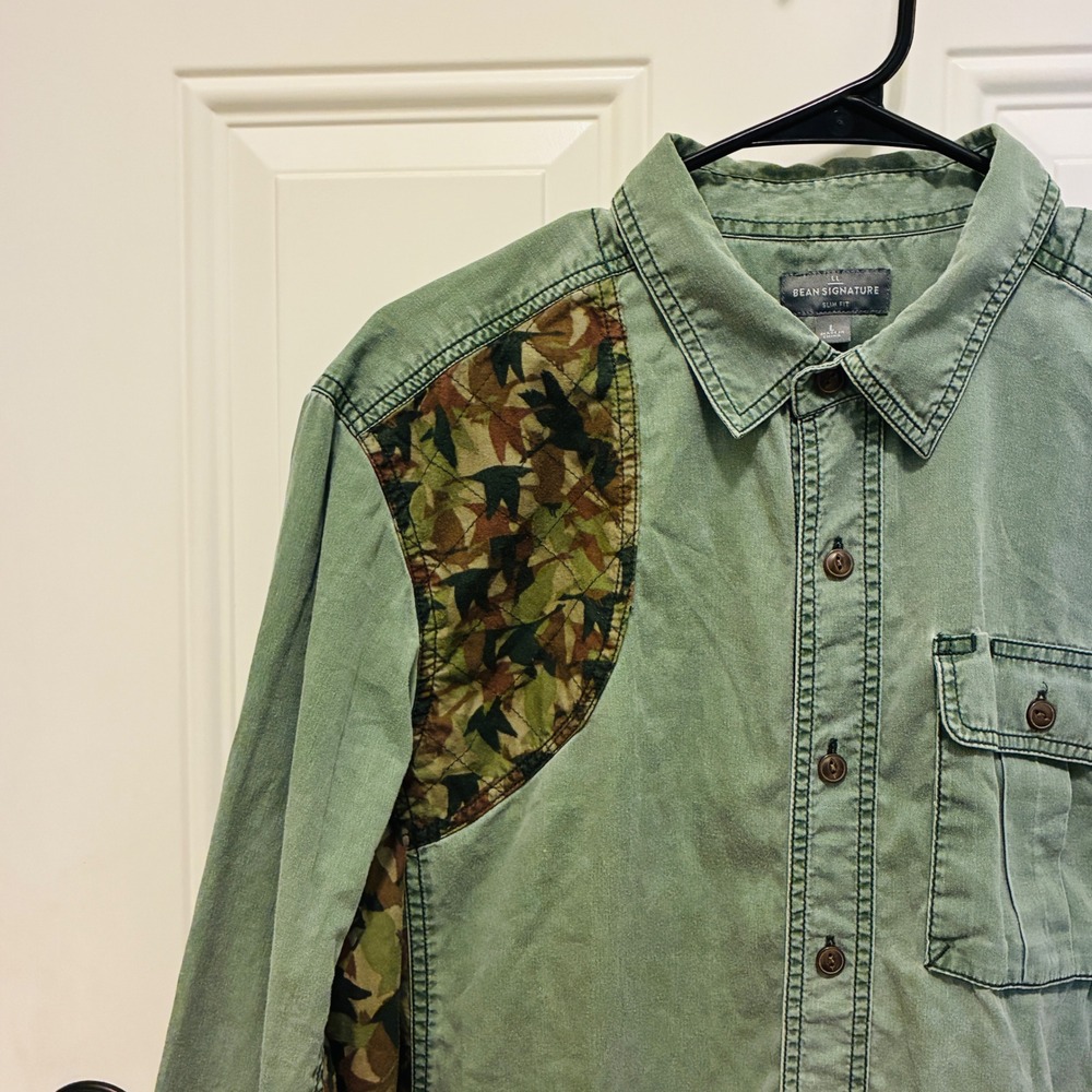 LL Bean Signature Button Up Shirt Field Shooter Mens Large Green Camo Slim Fit